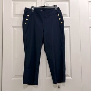 Navy pants with gold accent buttons